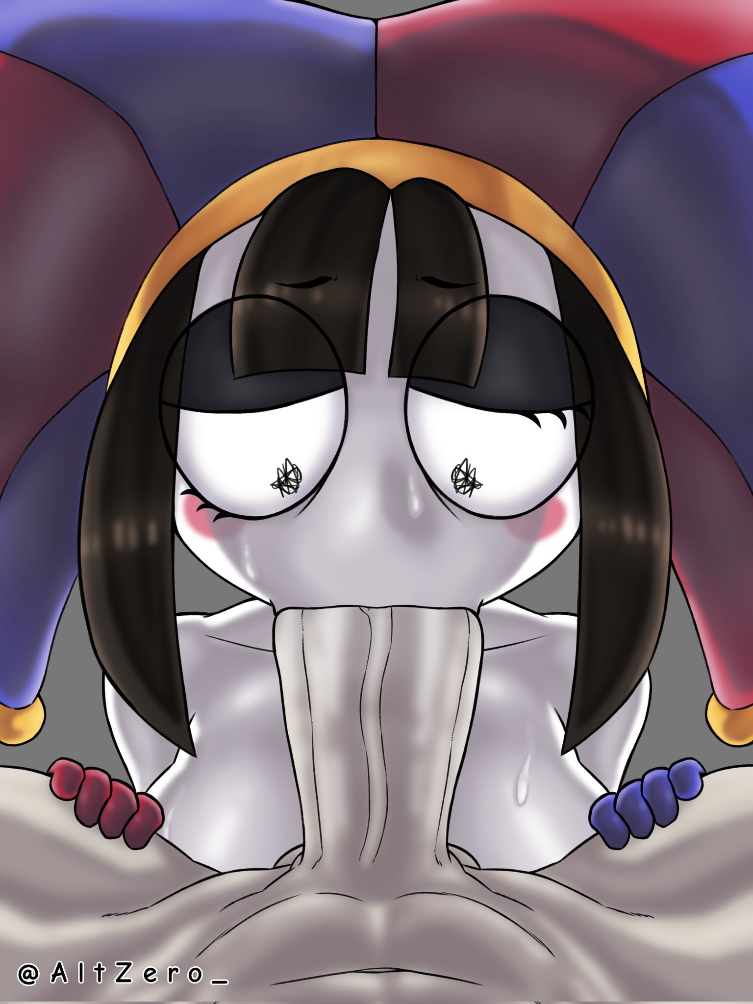 :>=, 2023, 2d, 2d (artwork), 2d artwork, altzero, big breasts, blowjob, breasts, brown hair, female, glitch productions, gloves, gooseworx, jester, jester cap, jester costume, jester girl, jester hat, jester outfit, looking at penis, male, penis, pomni (the amazing digital circus), short hair, straight, sweat, sweatdrop, sweating, the amazing digital circus, white body