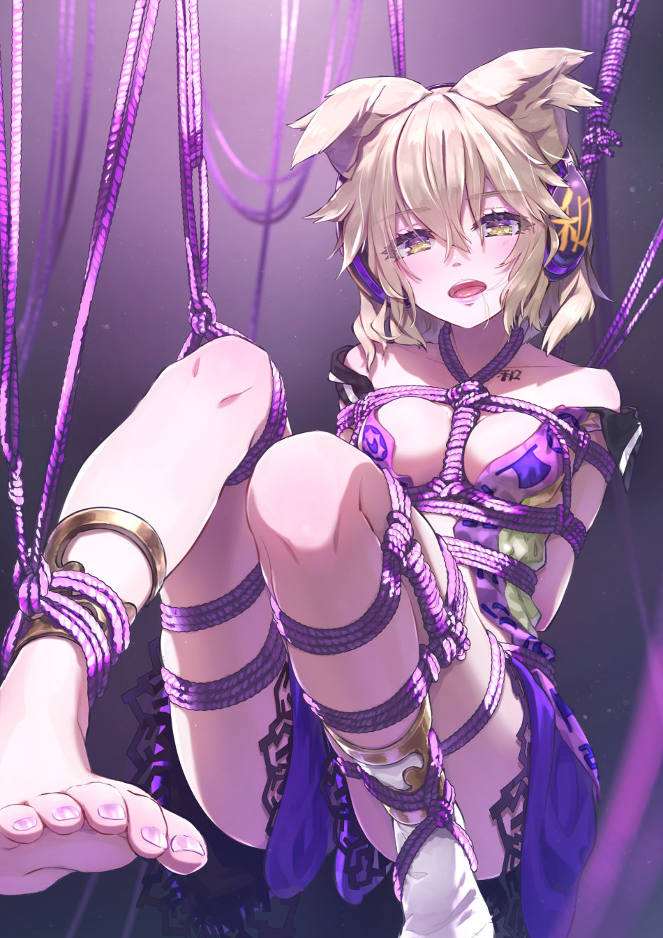 1girls barefoot blonde_hair blush bondage breasts earmuffs feet feline felix hair_in_mouth off_shoulder open_mouth open_shirt painted_nails painted_toenails pink_nails pointy_hair rope short_hair skirt syuri22 tattoo toes touhou toyosatomimi_no_miko yellow_eyes