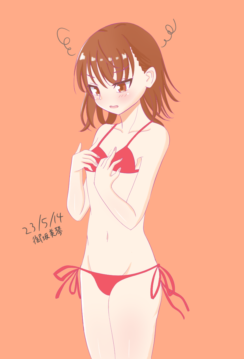 1girls 2020s 2023 bare_hips bare_shoulders bikini blush breast_conscious breasts brown_eyes brown_hair character_name collarbone dated female flat_chest japanese_text karin_minase looking_down matching_hair/eyes misaka_mikoto navel open_mouth orange_background red_bikini short_hair small_breasts solo standing stomach string_bikini swimsuit teenage_girl teenager thighs to_aru_kagaku_no_railgun to_aru_majutsu_no_index young