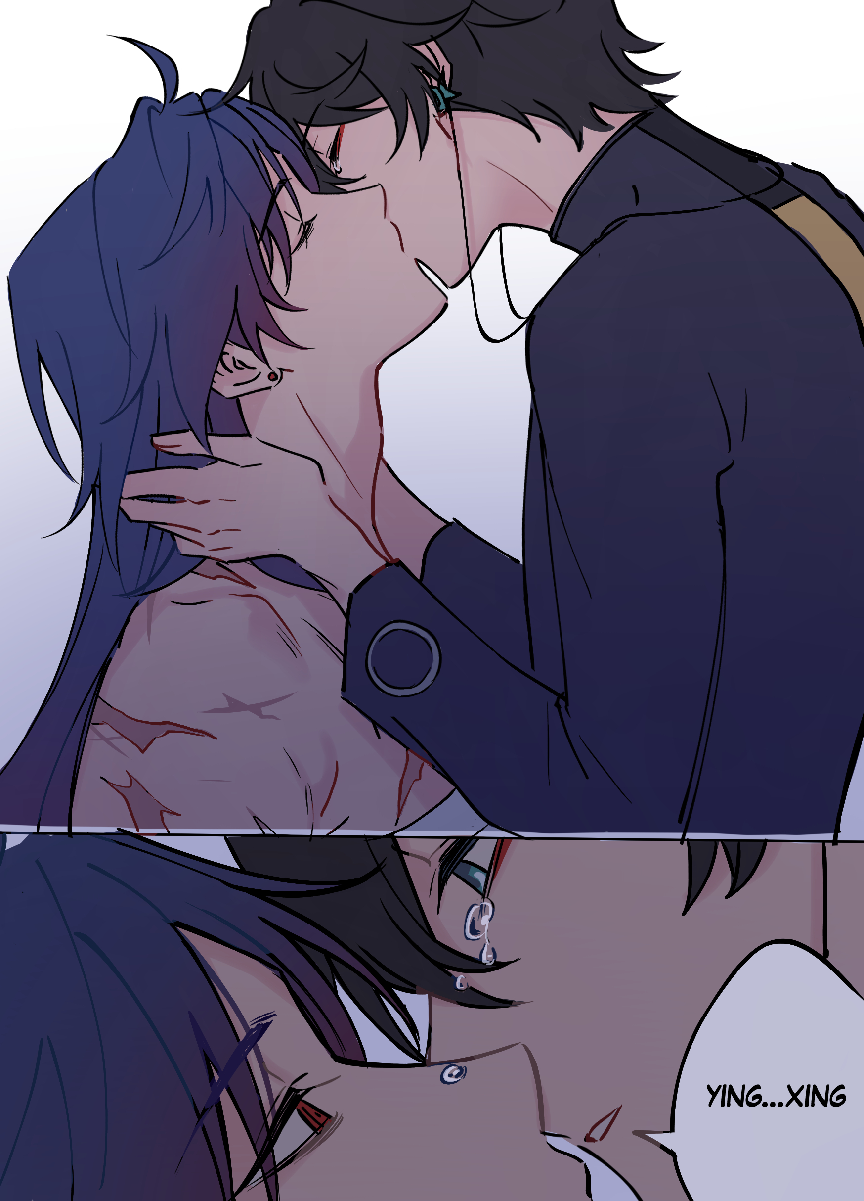 2boys, blade (honkai: star rail), crying, dan heng, emo, gay, holding neck, honkai: star rail, kissing, male, shirtless, sitting on lap