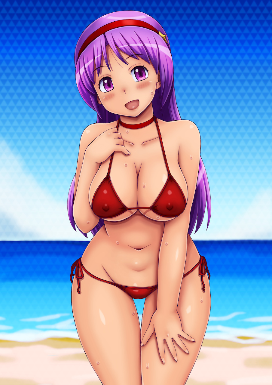 1girls athena_asamiya beach big_breasts bikini blush busty cleavage covered_erect_nipples covered_nipples erect_nipples_under_clothes hairbow hand_on_leg hand_on_own_chest hand_on_own_leg hand_on_own_thigh hand_on_thigh king_of_fighters large_breasts leaning_forward legs looking_at_viewer navel ocean open_mouth pose posing purple_eyes purple_hair red_bikini sensual smile snk solo sweat thighs tsumitani_daisuke voluptuous water