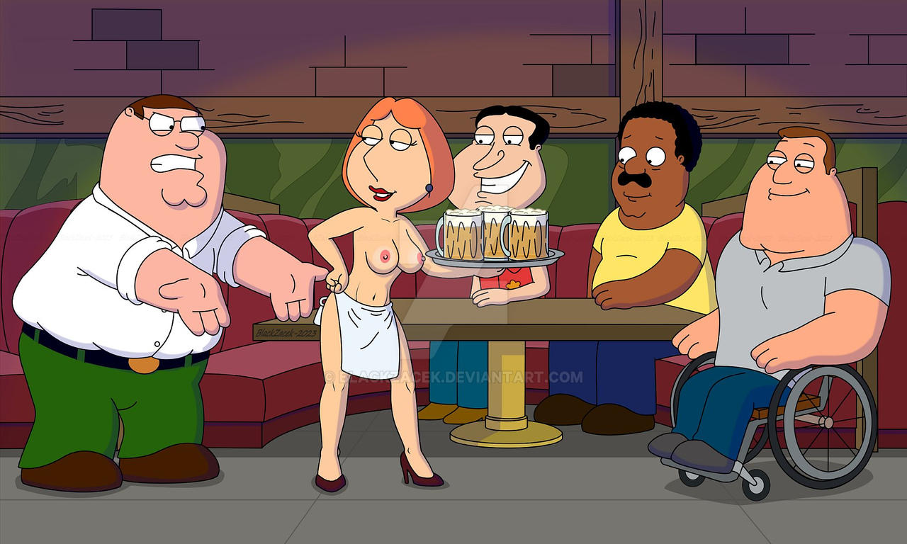 1girls 4boys accurate_art_style areolae blackzacek breasts cleveland_brown family_guy female glenn_quagmire high_heels joe_swanson lois_griffin male naked_apron naked_footwear naked_heels nipples peter_griffin smirk topless waitress