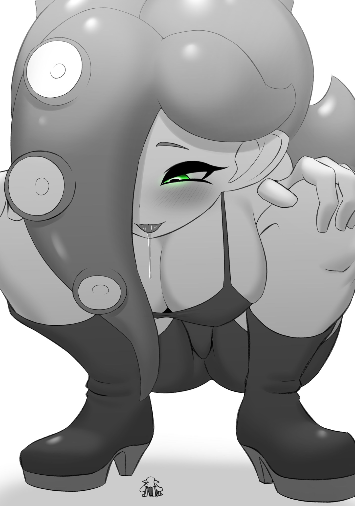 big breasts, breasts, crouching, drooling, female, giantess, green eyes, high heels, highres, inkling, nintendo, nobunagapero, octoling, octoling girl, peronattu, size difference, splatoon, tagme