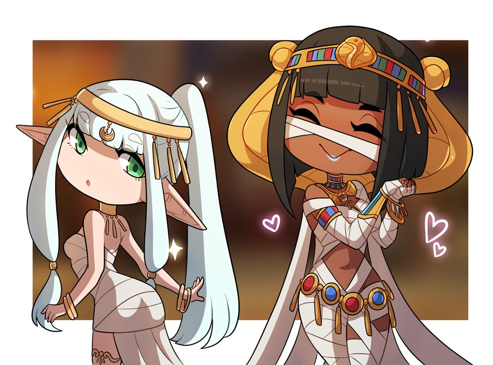 2girls black_hair blue_lipstick closed_eyes dark-skinned_female dark_skin egyptian egyptian_clothes egyptian_female elf female female_only green_eyes heart kinkymation light-skinned_female light_skin long_hair medium_hair monster_princess_(kinkymation) mummy mummy_girl mummy_wrappings original original_character original_characters pointy_ears smile sparkles white_hair wholesome