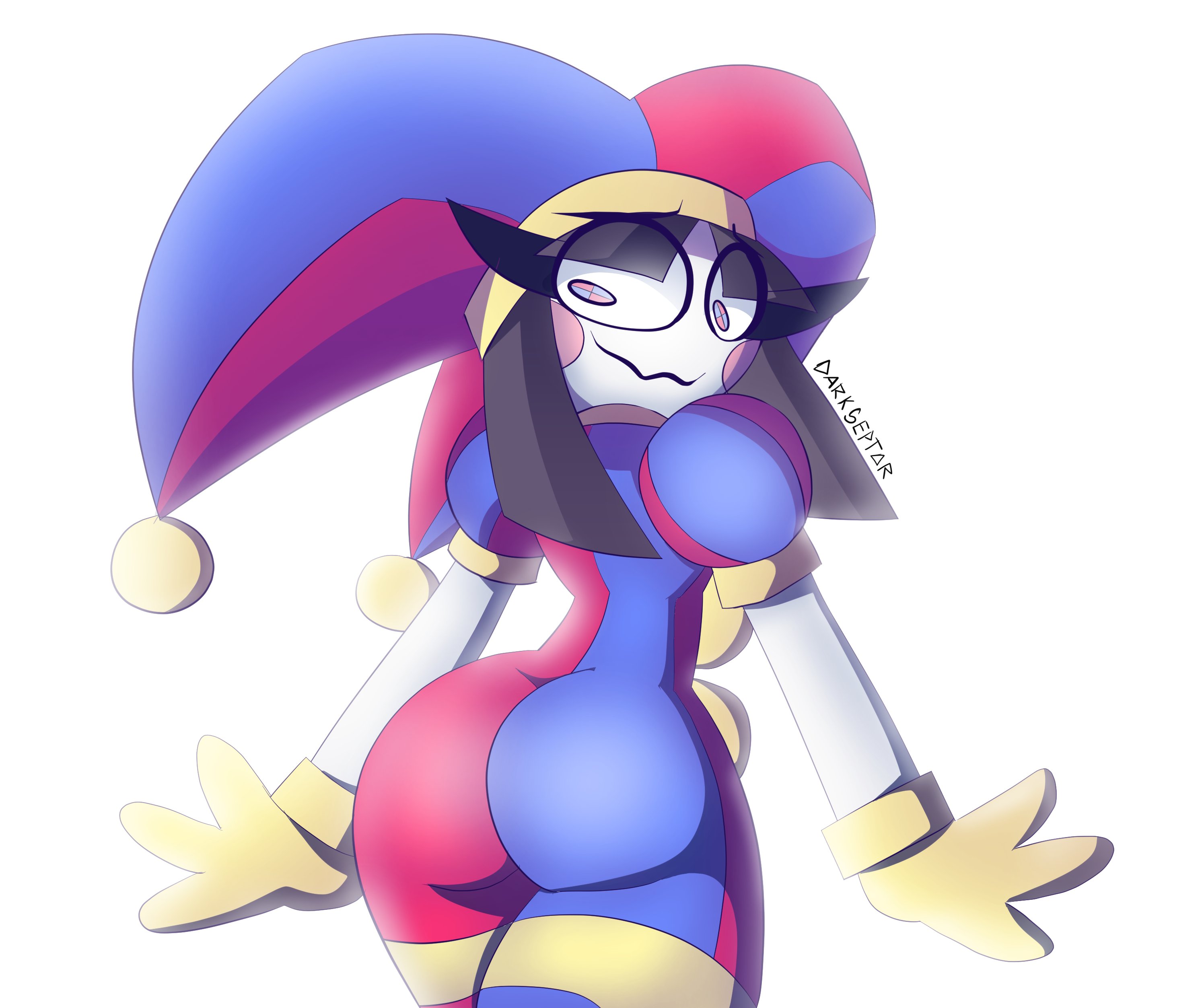 2023, 2d, 2d (artwork), 2d artwork, artist request, ass, big ass, black hair, female, glitch productions, gloves, gooseworx, jester, jester cap, jester costume, jester girl, jester hat, jester outfit, looking at ass, pomni, pomni (the amazing digital circus), short hair, the amazing digital circus, thick thighs, thighs, white body
