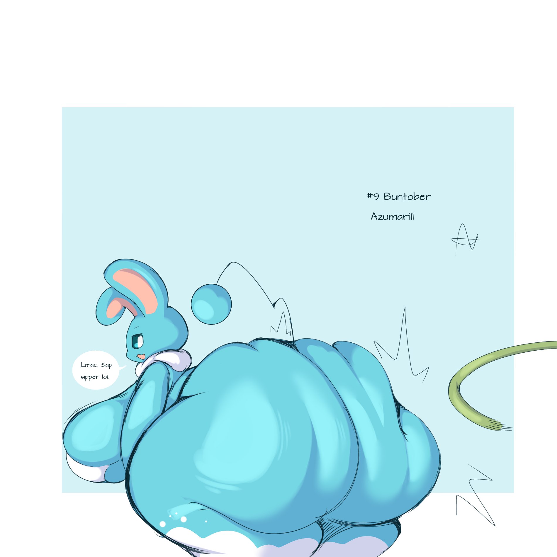 anthro, ass, azumarill, big ass, big breasts, big butt, blue body, breasts, butt slap, english text, female, generation 2 pokemon, hi res, huge ass, huge breasts, huge butt, nintendo, pokemon, pokemon (species), slap, slightly chubby, solo, spanking, stevest58244496, tail, text, thick thighs