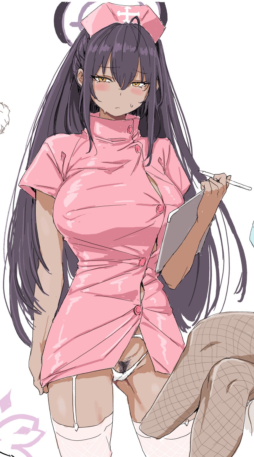 1girls, ahoge, black hair, blue archive, blush, bottomless, breasts, cleaning & clearing (blue archive), clearite, dark skin, female, highres, karin (blue archive), large breasts, long hair, looking at viewer, millennium science school student, nurse, nurse cap, nurse uniform, panties, pubic hair, purple hair, short dress, stockings, string panties, sweat, tan skin, thigh highs, thighs, thong, undersized clothes, underwear, white panties, yellow eyes, zettai ryouiki