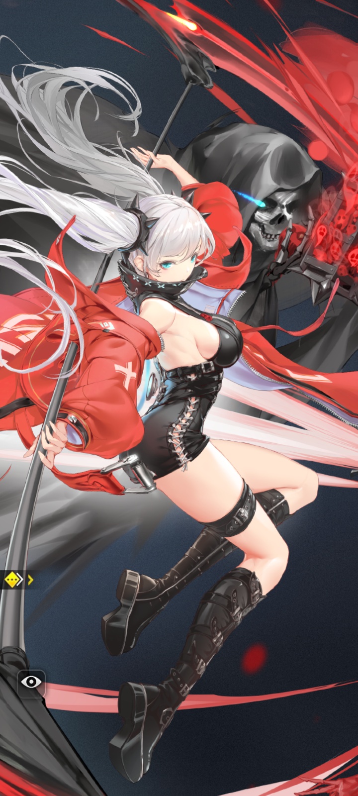 belt_straps blue_eyes boots erica_(how_to_raise_a_harem) goth hi_res highres how_to_raise_a_harem jacket jacket_open jacket_partially_removed leather_boots leather_clothing leg_strap legs long_twintails medium_breasts official_art red_jacket screenshot scythe serious sideboob simple_background skeleton spirit straps twintails undead weapon white_hair