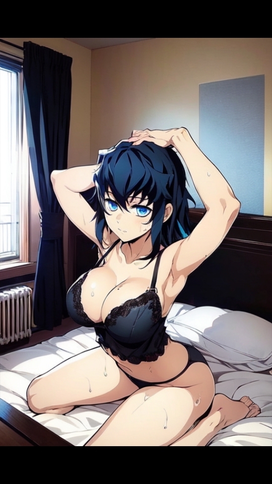 ai_generated armpits arms_behind_head arms_up bed big_breasts black_hair blue_eyes blue_hair breasts demon_slayer female genderswap_(mtf) gradient_hair kimetsu_no_yaiba lenceria lingerie looking_at_viewer muichiro_tokitou partially_clothed room sweat thighs two_tone_hair