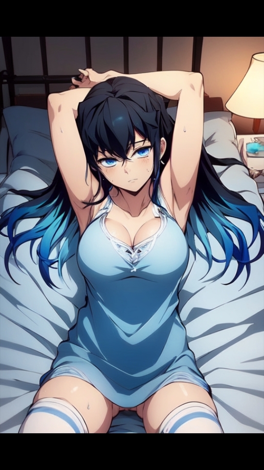 1girls ai_generated armpits arms_behind_head arms_up bed big_breasts black_hair blue_eyes blue_hair cleavage demon_slayer female genderswap_(mtf) gradient_hair hourglass_figure kimetsu_no_yaiba looking_at_viewer lying muichiro_tokitou nightgown no_bra no_panties pussy room sleeveless sweat thighhighs thighs two_tone_hair