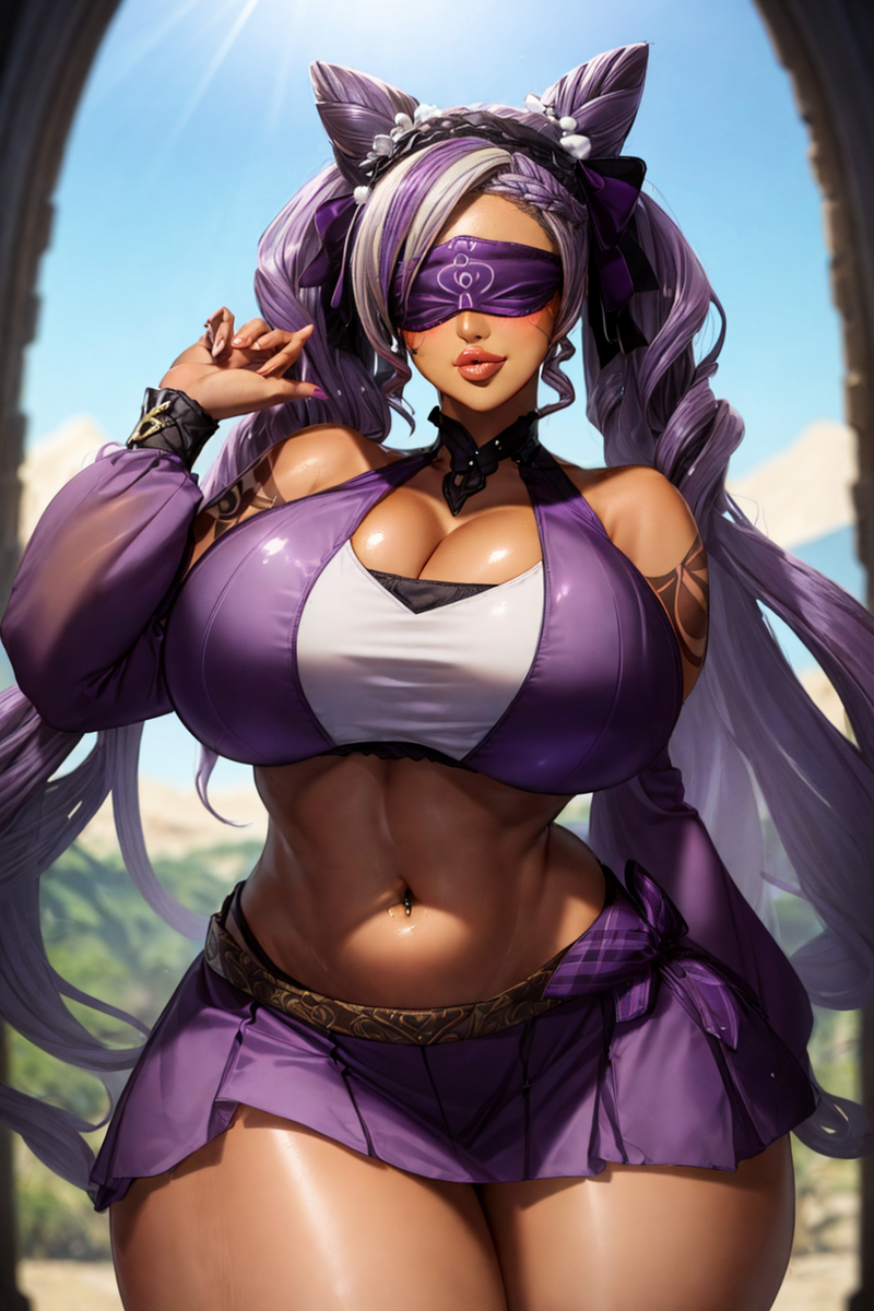 1girls ai_generated bai_wei big_breasts big_thighs breasts cleavage cosplay covered_eyes dark-skinned_female dark_skin eremite_(genshin_impact) female genshin_impact gigantic_breasts gigantic_thighs huge_breasts huge_thighs jeht_(genshin_impact) keqing_(genshin_impact) large_breasts large_thighs massive_breasts massive_thighs navel npc purple_hair thick_thighs thighs twintails voluptuous