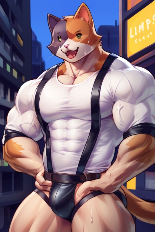 1boy abs ai_generated anthro big_bulge blue_fur brown_fur brown_tail bulge calico_cat cat_ears cat_tail catboy city compression_clothing compression_shirt detailed detailed_background epic_games felid feline felis fortnite fortnite:_battle_royale leather_clothing leather_pants leather_underwear male male_breasts male_only meowscles meowscles_(fortnite) muscular muscular_anthro muscular_arms muscular_male orange_eyes pecs pink_nose posing public revealing_clothes solo solo_focus solo_male stable_diffusion thick_thighs tricolor tricolor_fur video_game_character video_games white_body white_fur wide_hips