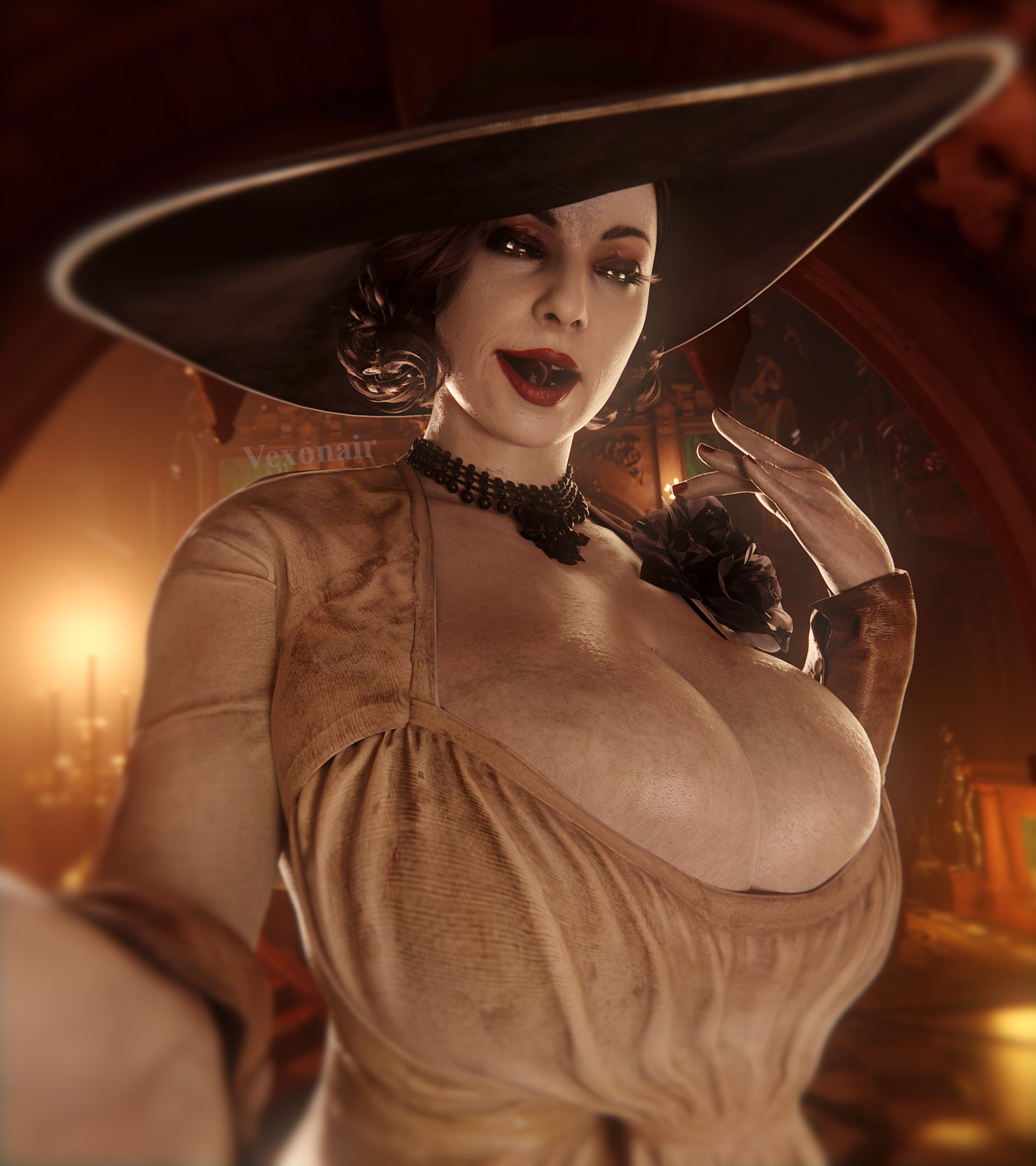 1girls, 3d, alcina dimitrescu, big breasts, big hat, black hair, black rose, breasts, bursting breasts, bust, busty, capcom, chest, cleavage, curvaceous, curvy, curvy figure, dark hair, deep cleavage, eyebrows, eyelashes, eyes, female, giantess, hair, hat, hips, huge breasts, human, large breasts, large female, legs, light skin, light-skinned female, lips, lipstick, mature, mature female, milf, mini giantess, mother, narrowed eyes, overflowing breasts, pale skin, pale-skinned female, reaching towards viewer, red lipstick, resident evil, resident evil 8: village, slim, slim waist, solo, tall female, upper body, vexonair, voluptuous, voluptuous female, waist, wide hips