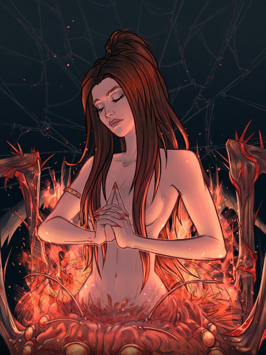 1girls arachne areolae arm_band chaos_witch_quelaag claws convenient_censorship dark_souls demon demon_girl fromsoftware hair_covering_breasts hands_clasped jewelry long_fingernails long_hair monster_girl nude ponytail red_hair silverain_xeni spider topless