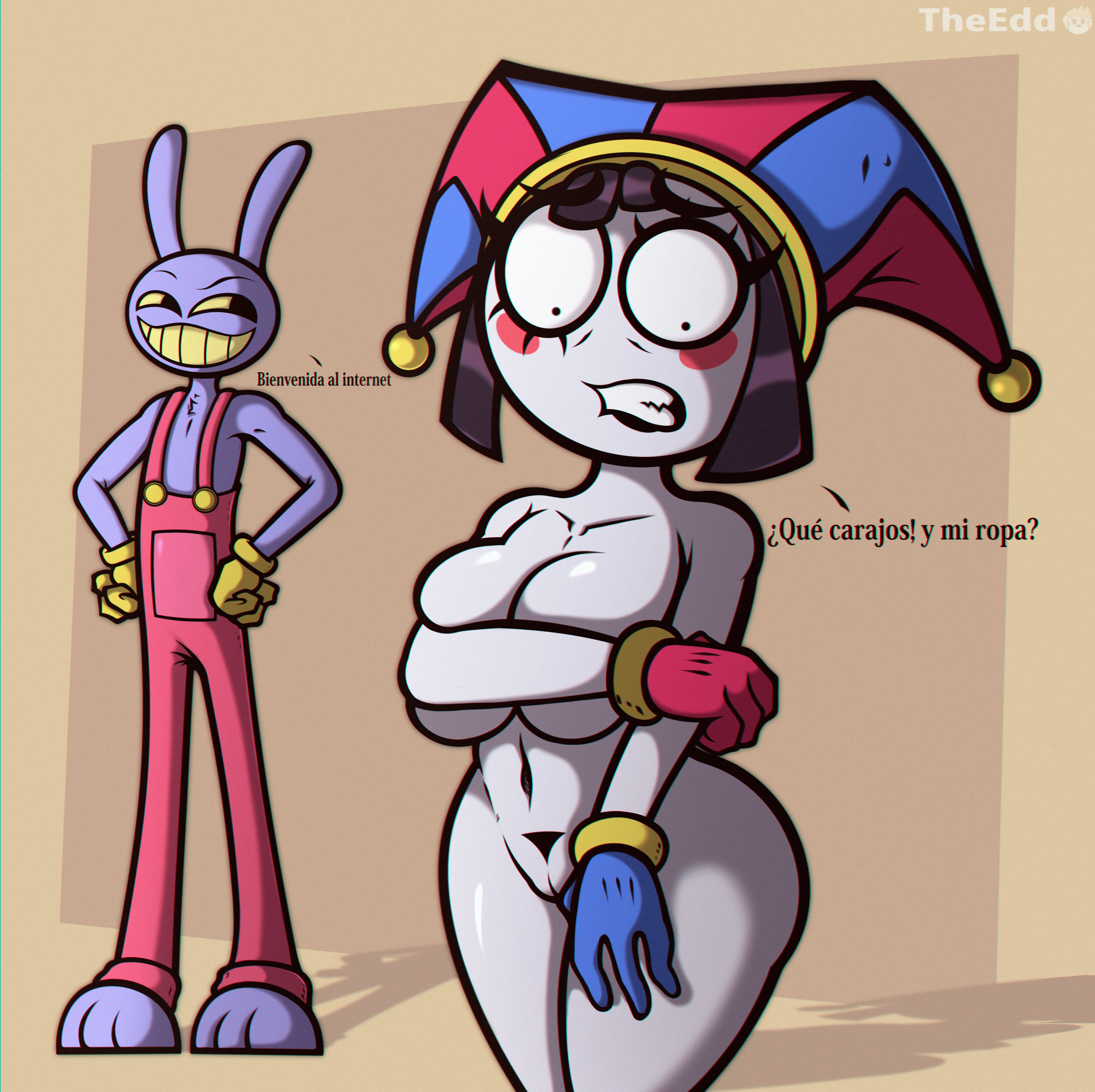 1boy, 1girls, 2023, 2d, 2d (artwork), 2d artwork, anthro, artist request, ass, big ass, big breasts, blush, blushing, breasts, brown hair, bunny, bunny ears, clenched teeth, clothed male, clothed male nude female, clothed on nude, clothed/nude, completely naked, completely nude, covering, covering breasts, covering self, dialogue, eddputaslee, embarrassed, embarrassed nude female, exposed pussy, female, glitch productions, gloves, gloves only, gooseworx, huge breasts, jax (the amazing digital circus), jester, jester cap, jester costume, jester girl, jester hat, jester outfit, looking at partner, looking down, male, naked, naked female, nude, nude female, only one naked, pomni, pomni (the amazing digital circus), purple body, pussy, short hair, smug, smug expression, smug grin, spanish text, squished breasts, squishing breasts, the amazing digital circus, thick thighs, thighs, translated, translation check, white body, wide hips, yellow eyes, yellow mouth