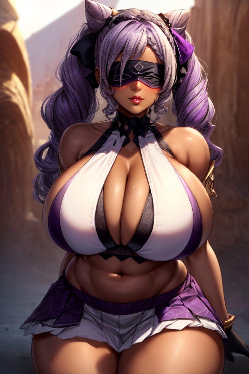 1girls ai_generated bai_wei big_breasts big_thighs breasts cleavage cosplay covered_eyes dark-skinned_female dark_skin eremite_(genshin_impact) female genshin_impact gigantic_breasts gigantic_thighs huge_breasts huge_thighs jeht_(genshin_impact) keqing_(genshin_impact) large_breasts large_thighs massive_breasts massive_thighs navel npc purple_hair thick_thighs thighs twintails voluptuous