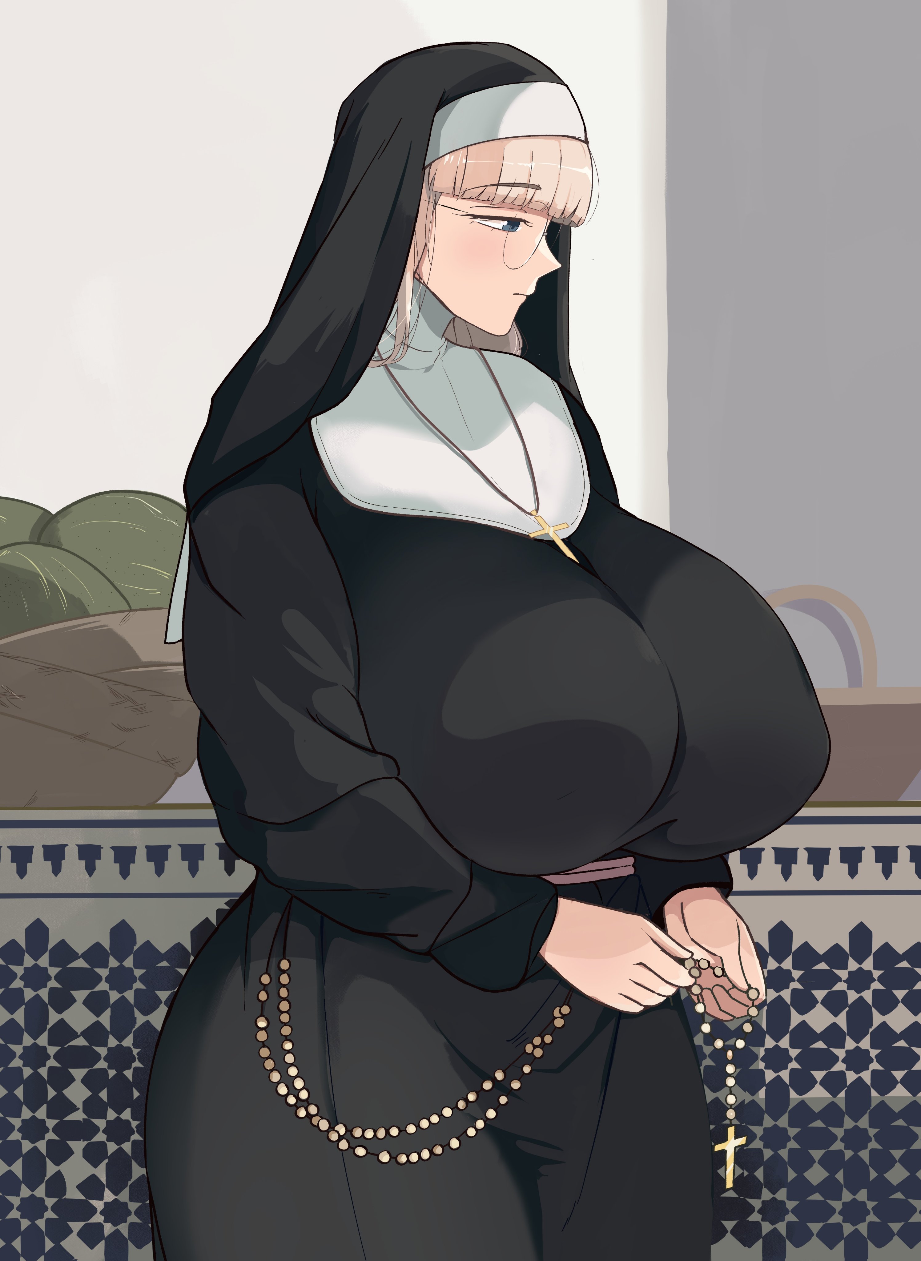 1girls, big breasts, blonde female, blonde hair, blue eyes, breasts, christian cross, christianity, cross necklace, cuteakita, female, huge breasts, nun, oc, original