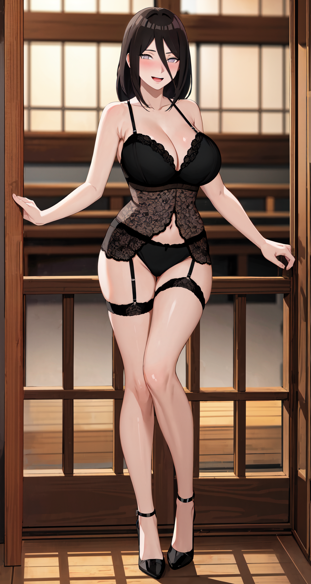 1girls, ai generated, bare legs, bare shoulders, big breasts, blush, boruto: naruto next generations, breasts, brown hair, cleavage, curvaceous, female, footwear, full body, garter belt, garter straps, heels, high heels, horny, horny female, hyuuga hanabi, legs together, light skin, light-skinned female, lingerie, long hair, looking at viewer, midriff, nai diffusion, naruto, naruto (series), pinup, ponytail, presenting, presenting self, smile, solo, solo focus, stable diffusion, standing, starfiled, underwear, underwear only, very long hair, white eyes, wide hips