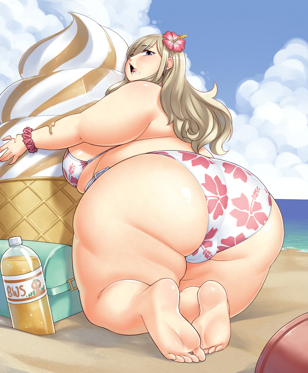 1girls, 2023, ass, ass focus, bbw, beach, better with salt, bikini, blonde hair, breasts, chubby, chubby female, edens zero, female, female focus, full body, hi res, high resolution, highres, hips, huge ass, huge breasts, ice cream, licking lips, long hair, looking back, overweight, overweight female, plump, rebecca bluegarden, solo, solo female, solo focus, swimsuit, thick thighs, thighs, voluptuous, wide hips