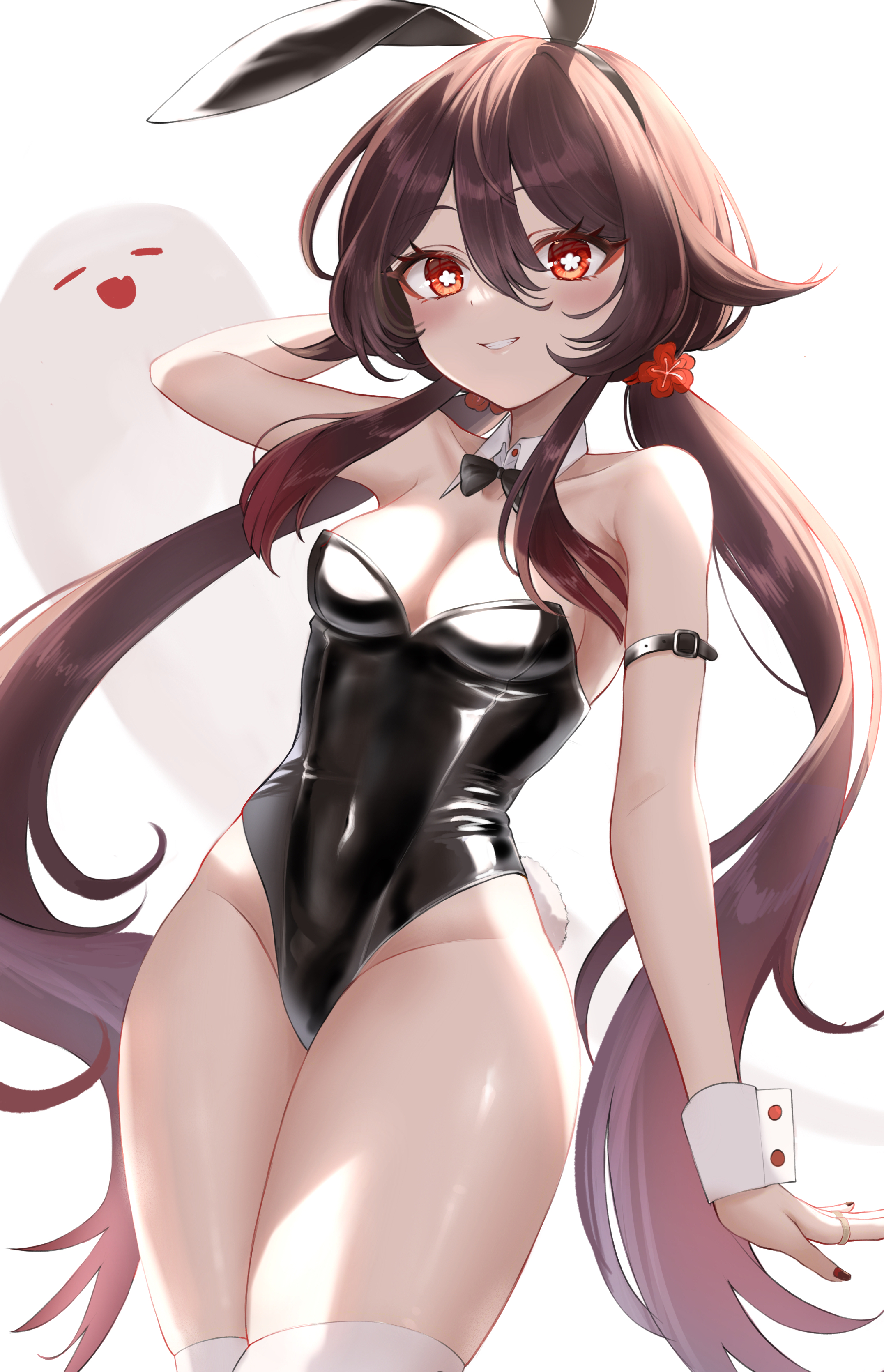 1girls, absurdres, alternate costume, animal ears, arm belt, arm up, arms behind head, bangs, bare shoulders, belt, black belt, black bow, black bowtie, black nails, boo tao (genshin impact), bow, bowtie, breasts, brown hair, bunny ears, bunny girl, bunny tail, bunnysuit, collar, colored tips, covered navel, cowboy shot, detached collar, fake animal ears, fake tail, female, flower-shaped pupils, genshin impact, ghost, gradient hair, grin, groin, hair between eyes, hair flaps, highleg, highleg leotard, highres, hu tao (genshin impact), legs together, leotard, long hair, looking at viewer, low twintails, medium breasts, multicolored hair, nail polish, petite, playboy bunny, rabbit tail, red eyes, sheng zhidou, shiny, shiny skin, sidelocks, simple background, skimpy, skimpy clothes, small breasts, smile, solo, strapless, strapless leotard, symbol-shaped pupils, tail, teeth, thick thighs, thighhighs, thighs, thin waist, twintails, white background, white collar, white thighhighs, white wrist cuffs, wrist cuffs, young