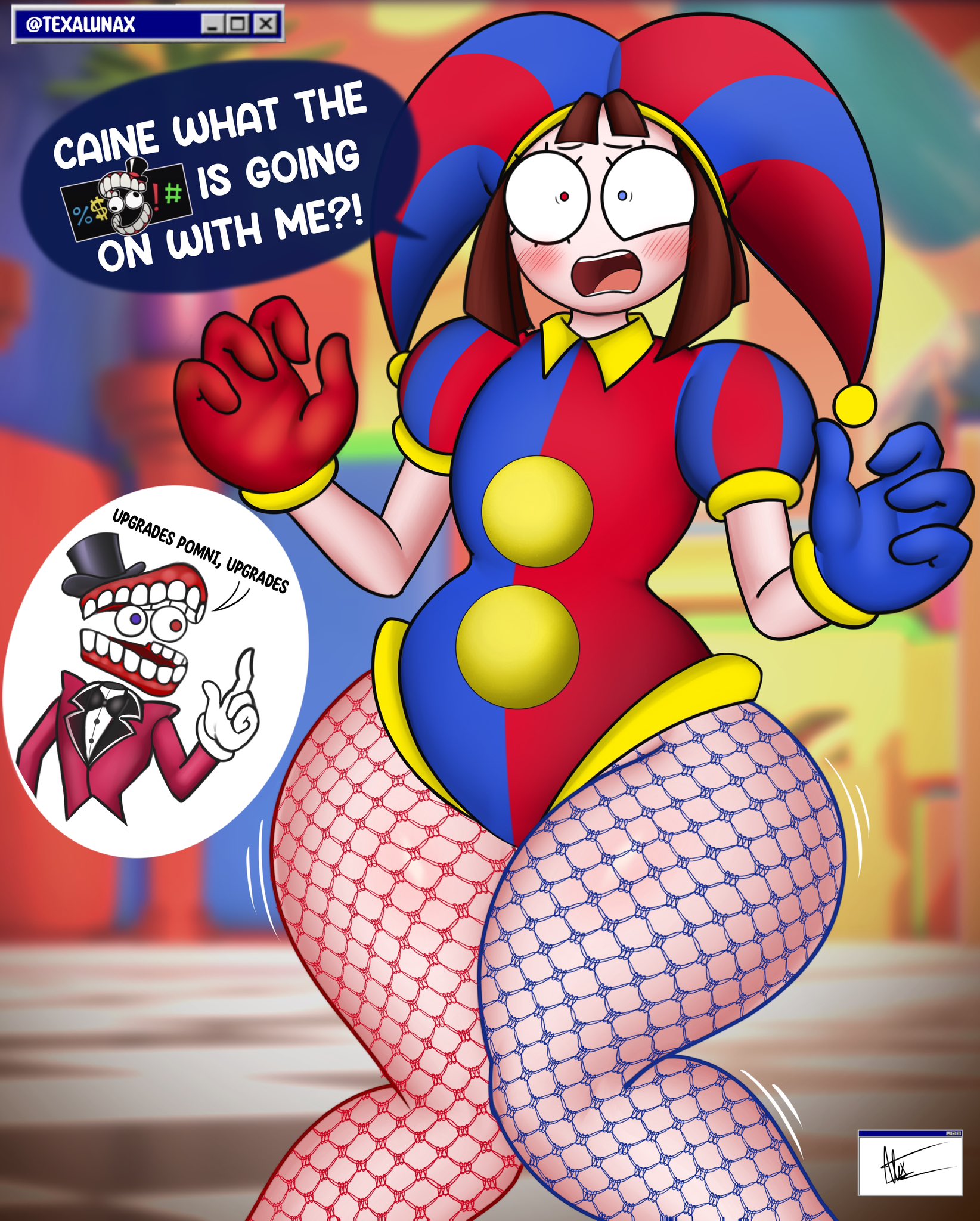 2020s, 2023, 2d, 2d (artwork), 2d artwork, big thighs, brown hair, caine (the amazing digital circus), confused, confused look, dialogue, dialogue box, female, fishnets, glitch productions, gloves, gooseworx, high thighs, huge thighs, jester, jester cap, jester costume, jester girl, jester hat, jester outfit, looking at another, nsfwtalex, pomni (the amazing digital circus), short hair, telaxart, texalunax, the amazing digital circus, thick thighs, white body