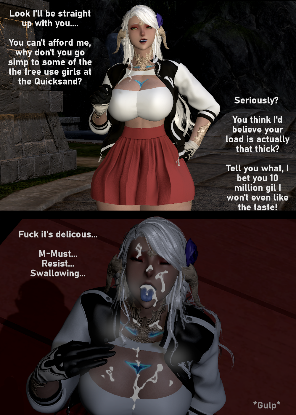 3d au_ra before_and_after blue_tongue breasts cev_(xiv) cev_rosa cleavage clothed cum cum_in_mouth cum_on_breasts cum_on_face cum_on_tongue english english_text female female_focus female_only final_fantasy final_fantasy_xiv flower flower_in_hair gpose(ffxiv) green_eyes honeysham horned_humanoid instant_loss_2koma large_breasts long_hair looking_at_viewer raen smile smiling_at_viewer thick_thighs tongue tongue_out white_hair