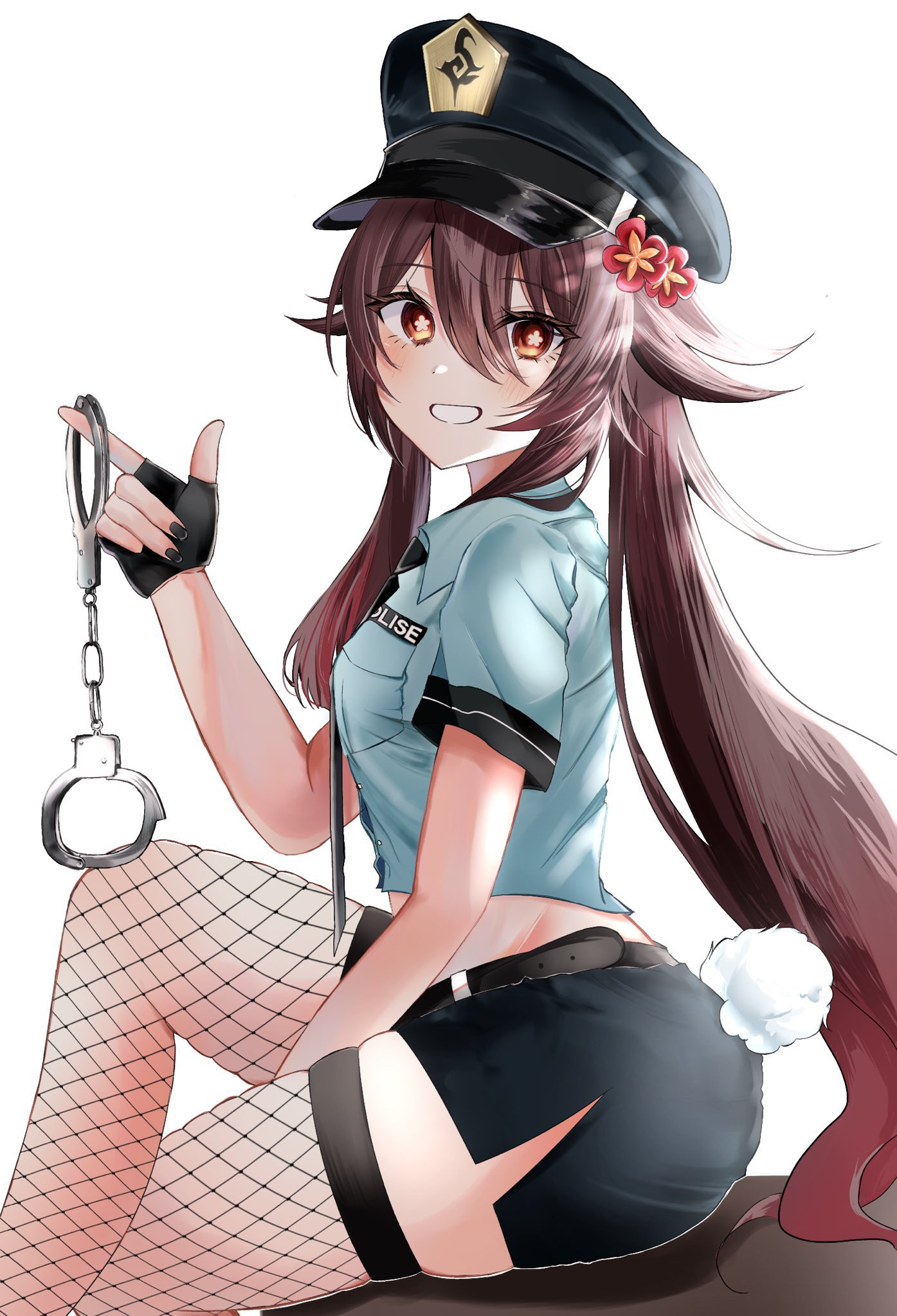 1girls, breasts, bunny tail, female, female only, fishnet legwear, fishnets, genshin impact, halloween costume, handcuffs, hu tao (genshin impact), police, police officer, police uniform, policewoman, skirt, small breasts, tagme, thick thighs