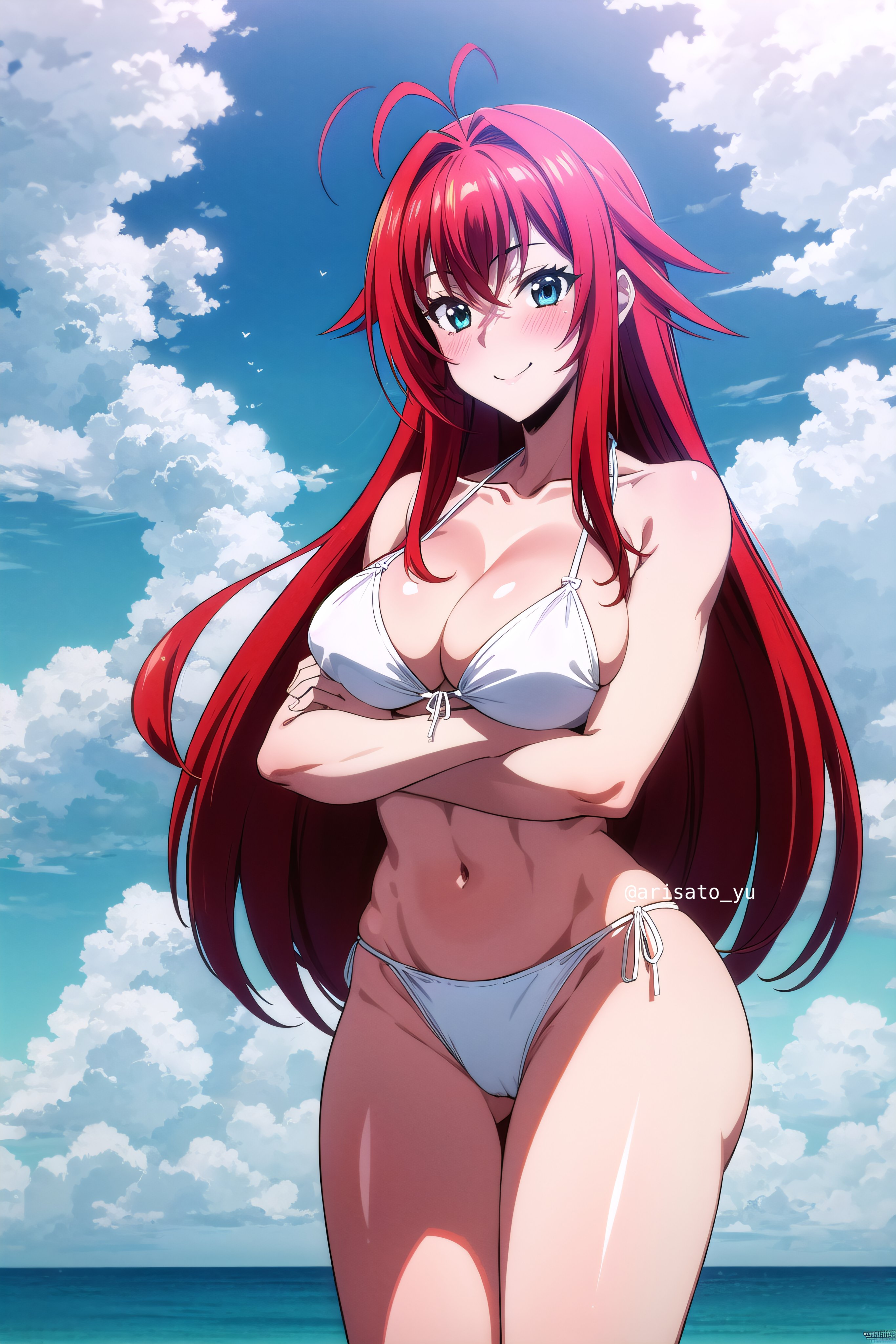 ai generated, arisato yu, big breasts, blue eyes, breasts, female, female only, hands under breasts, high school dxd, long hair, red hair, rias gremory, white bikini