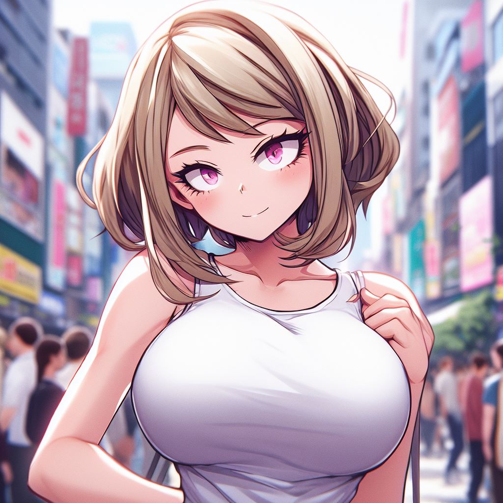 ai_generated bimbo bimbofication blonde_hair cleavage female female_focus female_only hand_on_breast happy huge_breasts krystalizedart large_breasts my_hero_academia ochako_uraraka pink_eyes smirk smirking solo solo_female solo_focus tank_top thin_waist upper_body