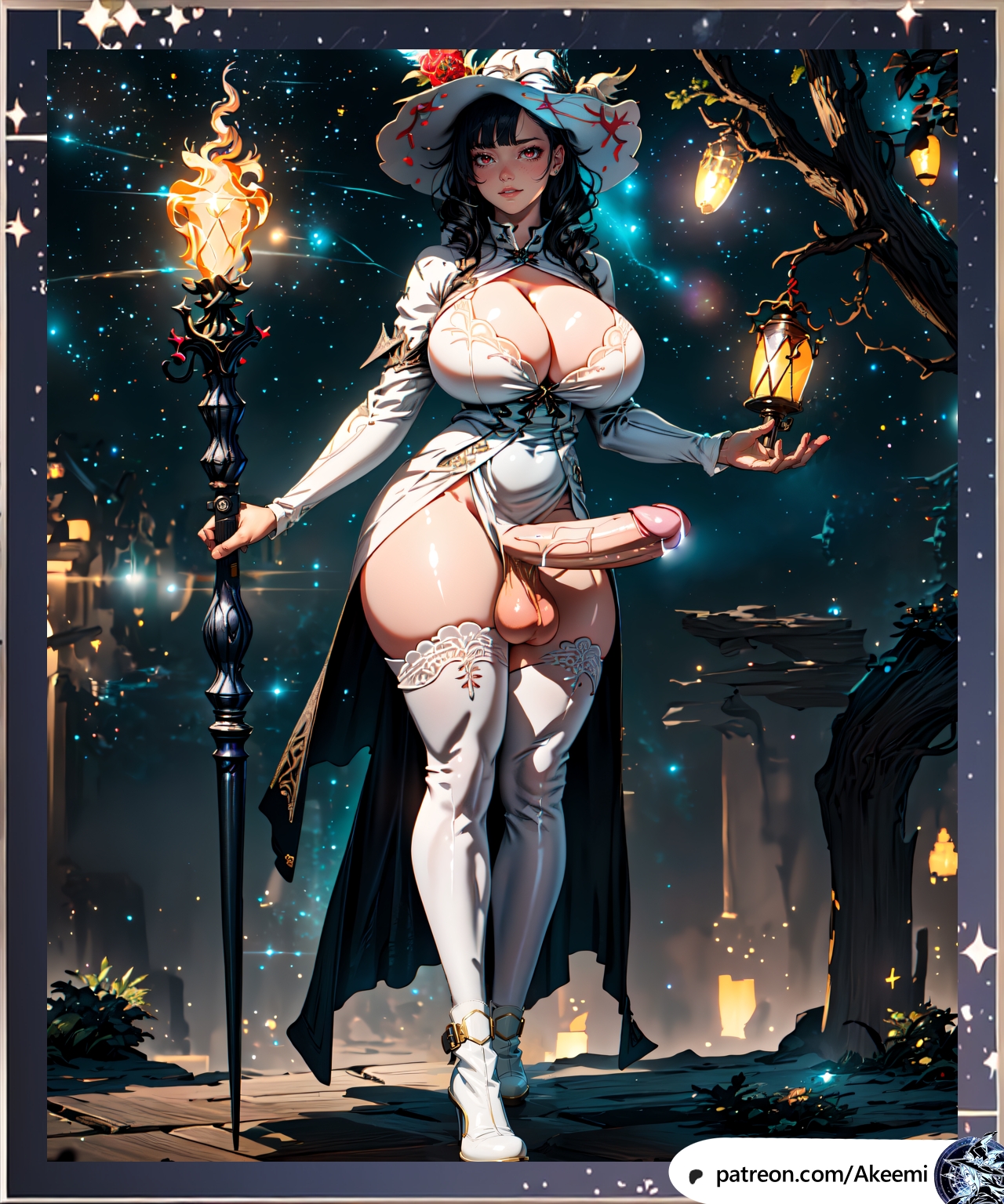 ai generated, akeemi, black hair, breasts, clothing, cup, futanari, headdress, headwear, high resolution, holding, holding object, huge breasts, intersex, red eyes, solo futa, stable diffusion, thick thighs, thighs