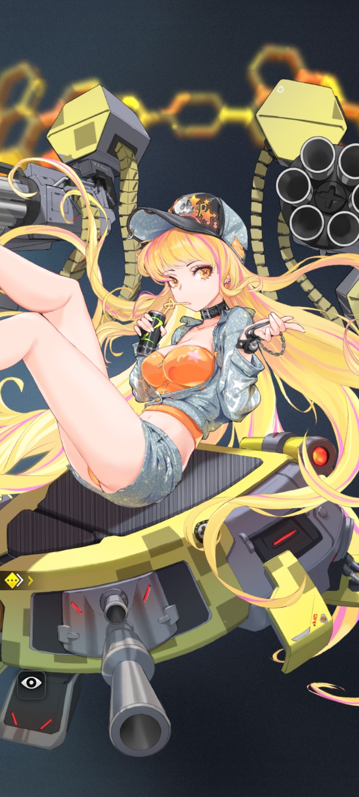 amber_eyes ammo_belt ass_cheeks belly_button belt_collar beverage beverage_can blonde_hair booty_shorts cannon cap chains denim denim_clothing denim_shorts drinking drinking_straw earrings energy_drink eyeliner eyeshadow firearm gatling_gun gun gyaru hat highres how_to_raise_a_harem huge_breasts leg_lift legs legs_up light-skinned_female light_skin long_hair lucy_(how_to_raise_a_harem) machinery medium_breasts minigun multiple_earrings neckwear official_art open_shirt orange_panties orange_tank_top panties pink_hair_streak screenshot shirt short_hair simple_background sitting tank_top thighs unbuttoned unbuttoned_shirt very_long_hair watch weapon yellow_eyes