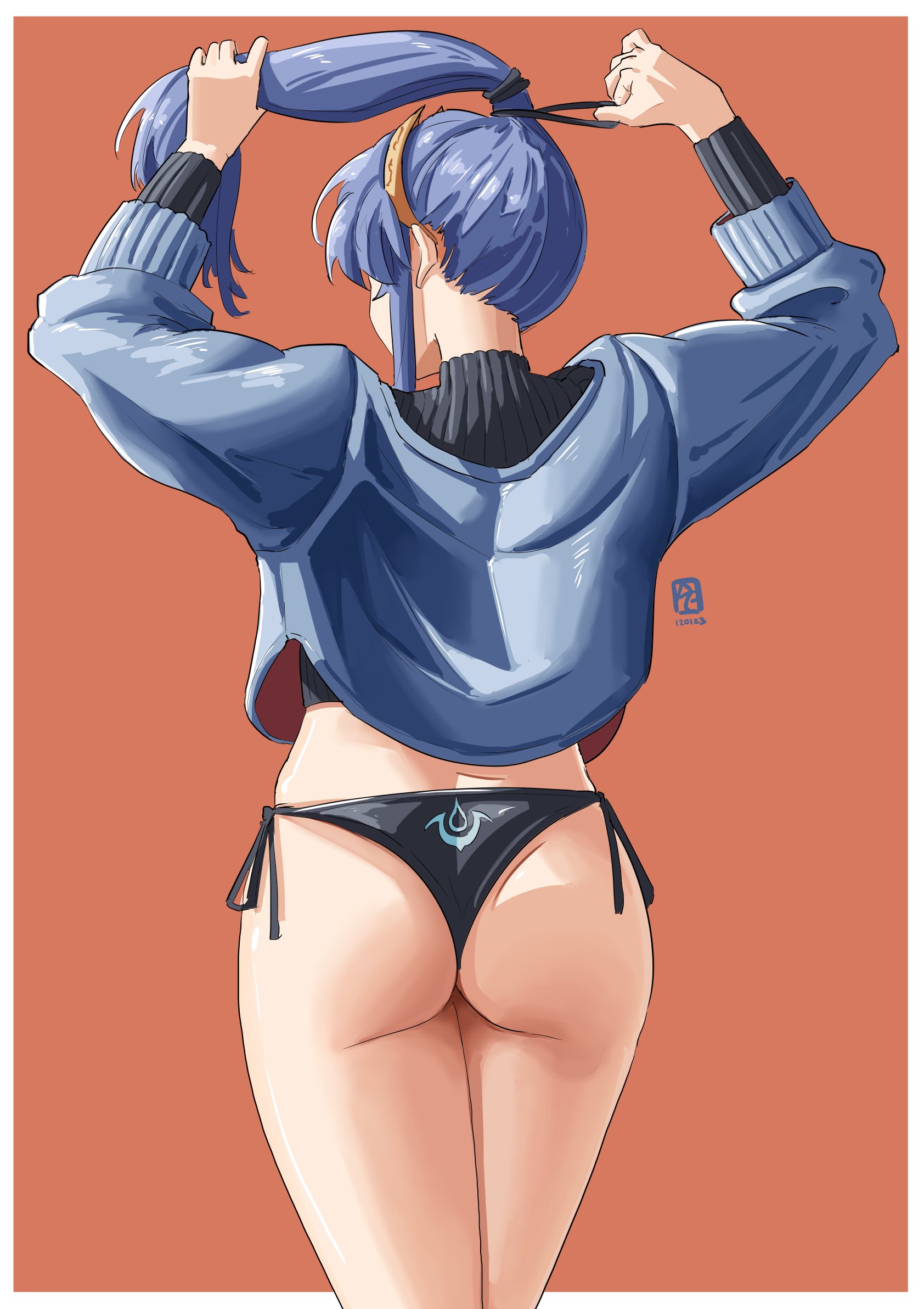 1girls, 2023, alternate hairstyle, arms up, artist logo, artist name, ass, ass focus, automatic giraffe, back, back view, big ass, black panties, blue hair, blue sweater, border, facing away, female, female only, fire emblem, fire emblem awakening, from behind, hair ornament, hair tie, high ponytail, highres, jacket, light skin, light-skinned female, long hair, lucina (fire emblem), nintendo, panties, ponytail, side-tie panties, solo, sweater, thighs, tiara, tying hair, underwear, watermark, white border