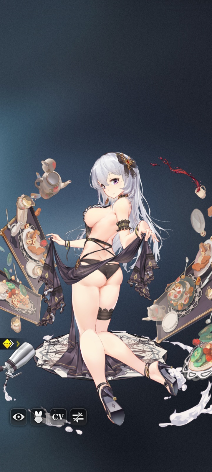 ass ass_cheeks backboob bare_breasts bare_legs bare_thighs black_dress black_panties dress food food_tray freesia_(how_to_raise_a_harem) frills headwear heels highres how_to_raise_a_harem leg_strap legs long_hair looking_at_viewer looking_back medium_breasts no_bra official_art panties pastry purple_hair ribbon ribbon_in_hair screenshot scrunchie showing_ass sideboob silver_hair simple_background skirt_lift straps tea_pot thighs white_hair