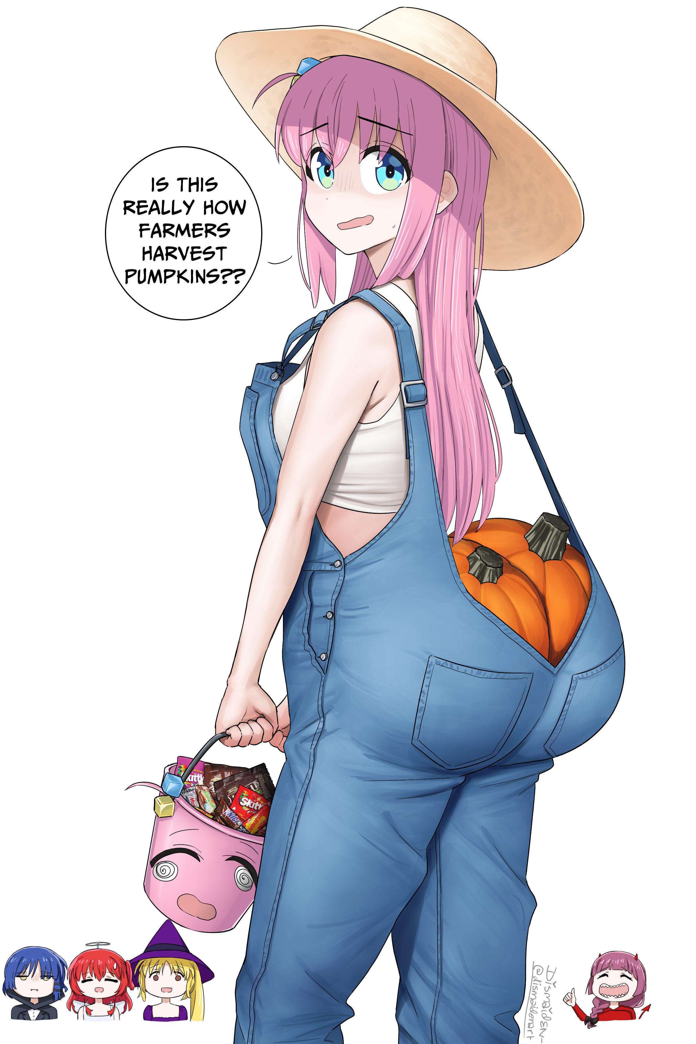 ass, blue eyes, bocchi the rock!, cosplay, english text, farmer, female, female only, funny, gotou hitori, halloween, hiroi kikuri, ijichi nijika, kita ikuyo, meme, multiple females, multiple girls, nervous smile, pink hair, pumpkin, pumpkin butt, text bubble, yamada ryou