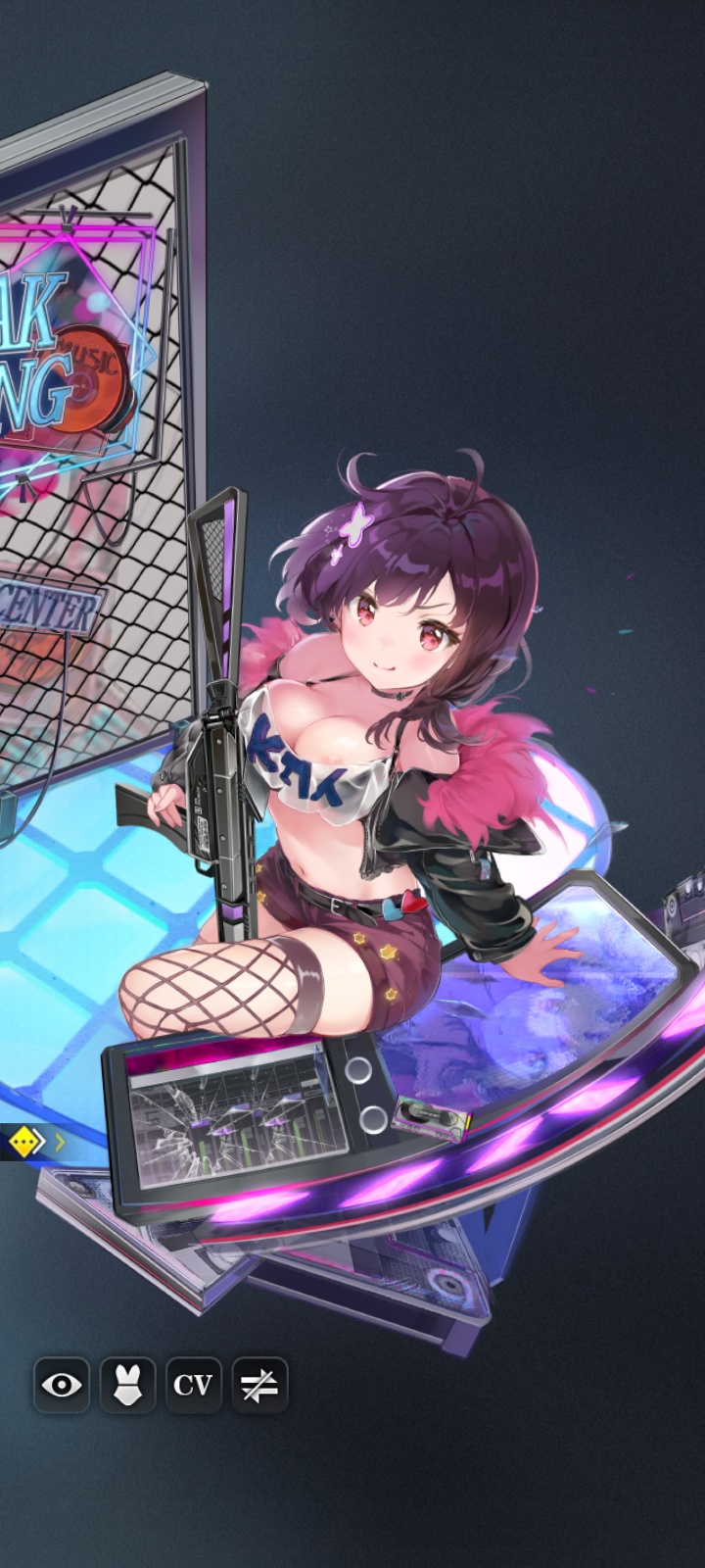 areola areola_slip areolae belly_button belt black_bra blush booty_shorts bra_strap bra_visible_through_clothes cleavage cracked_screen electronics exposed_shoulders firearm fishnets fur_jacket gun hairclip highres holding_object holding_weapon how_to_raise_a_harem huge_breasts idol jackal large_ass magenta_eyes miho_(how_to_raise_a_harem) minishorts official_art purple_eyes purple_hair screen screenshot short_hair shorts shortstack shoulders simple_background tank_top thick_thighs thigh_highs thighs translucent translucent_clothing translucent_topwear weapon