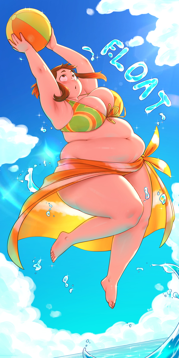 1girls, 2023, bbw, beach ball, belly, better with salt, bikini, breasts, brown hair, chubby, chubby female, curvaceous, curvy, fat, female, female focus, hi res, high resolution, highres, hips, huge breasts, medium hair, my hero academia, ocean, ochako uraraka, overweight female, plump, solo, solo female, solo focus, swimsuit, thick thighs, thighs, voluptuous, wide hips