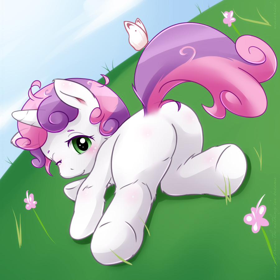 1girls 2011 butterfly friendship_is_magic grass green_eyes maverick messy_hair my_little_pony on_grass pink_hair presenting purple_hair smooth_skin sweetie_belle_(mlp) two_tone_hair unicorn unicorn_horn white_fur white_skin