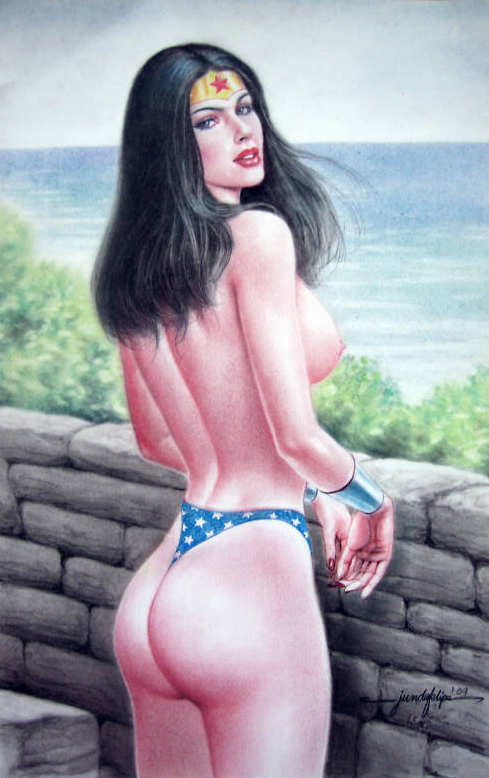 1girls 2009 ass big_breasts black_hair breasts color dat_ass dc dc_comics female female_only jun_de_felipe looking_at_viewer looking_back nipples rear_view sketch solo thong tiara topless wonder_woman wonder_woman_(series)