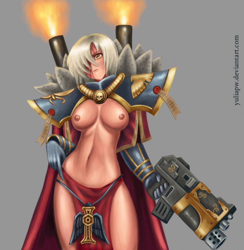 1girls adepta_sororitas areolae armor bolter breasts canoness female female_only gloves grey_background gun hair_over_one_eyes human imperium_of_man large_breasts navel nipples power_armor purity_seal ranged_weapon shoulder_pads simple_background sister_of_battle solo solo_female topless warhammer_(franchise) warhammer_40k weapon white_hair yellow_eyes yuliapw