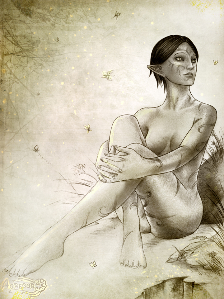 1girls agregor artist_name breasts crossed_legs dalish_elf dragon_age_2 dragon_age_origins elf elf_ears elf_female female female_only merrill merrill_(dragon_age) monochrome nude nude_female pointy_ears short_hair sitting solo solo_female tagme tattoo