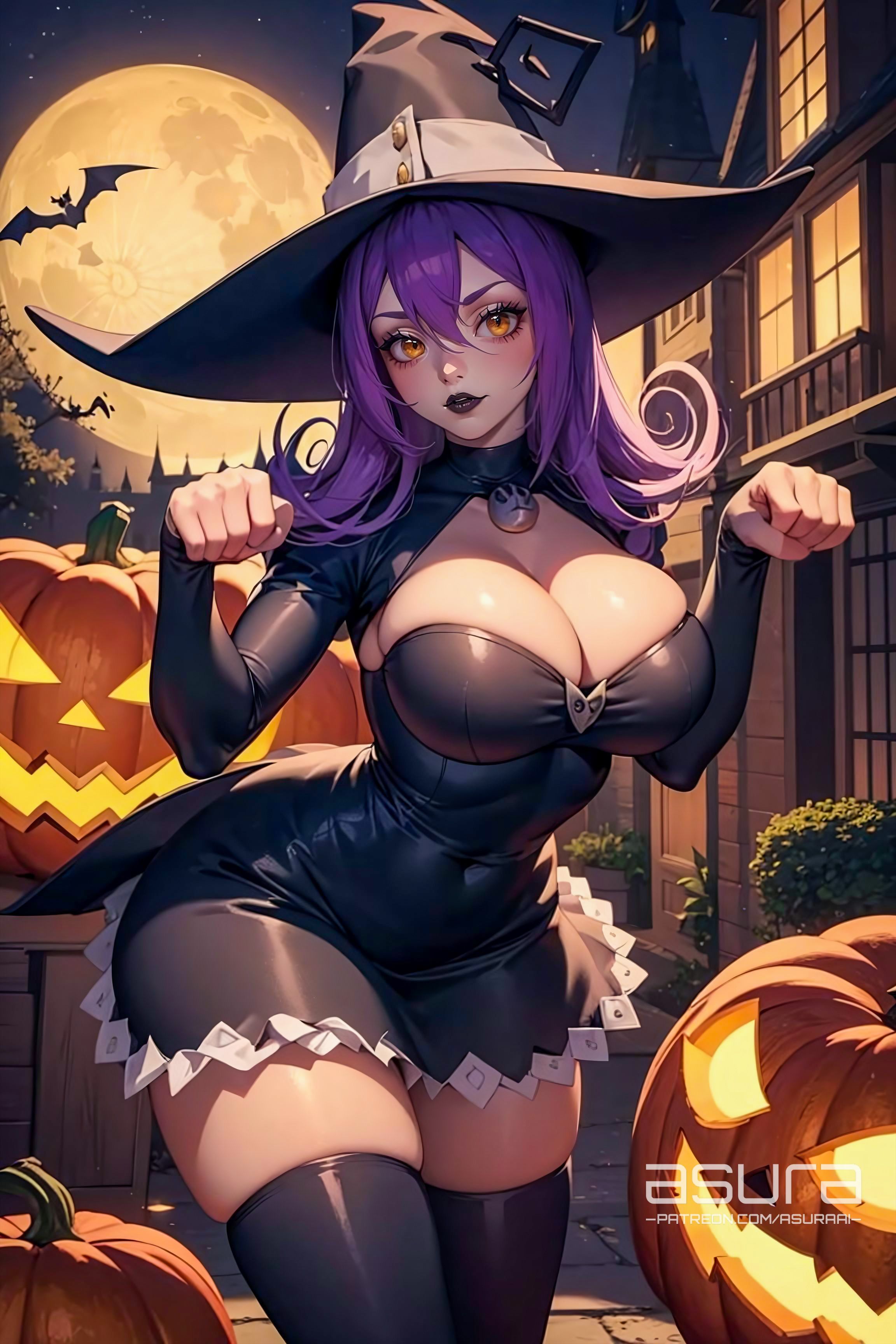 ai generated, asuraai, blair (soul eater), breasts, female, female only, goth, goth girl, halloween, jack o' lantern, latex, nai diffusion, orange eyes, purple hair, purple lipstick, solo, soul eater, stable diffusion, stockings, thighhighs, white skin, witch costume, witch hat, yellow eyes