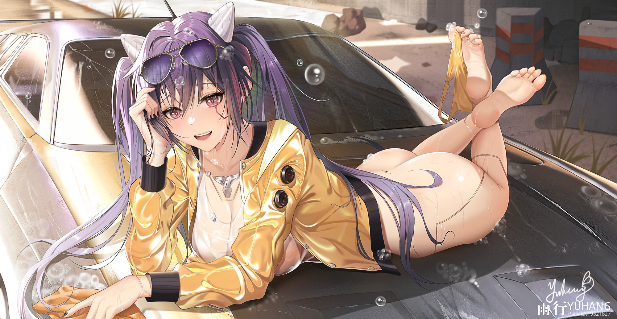 ass, barefoot, black nails, bottomless, exposed ass, feet, female, genshin impact, keqing (genshin impact), no panties, panties, partially clothed, purple eyes, purple hair, toes