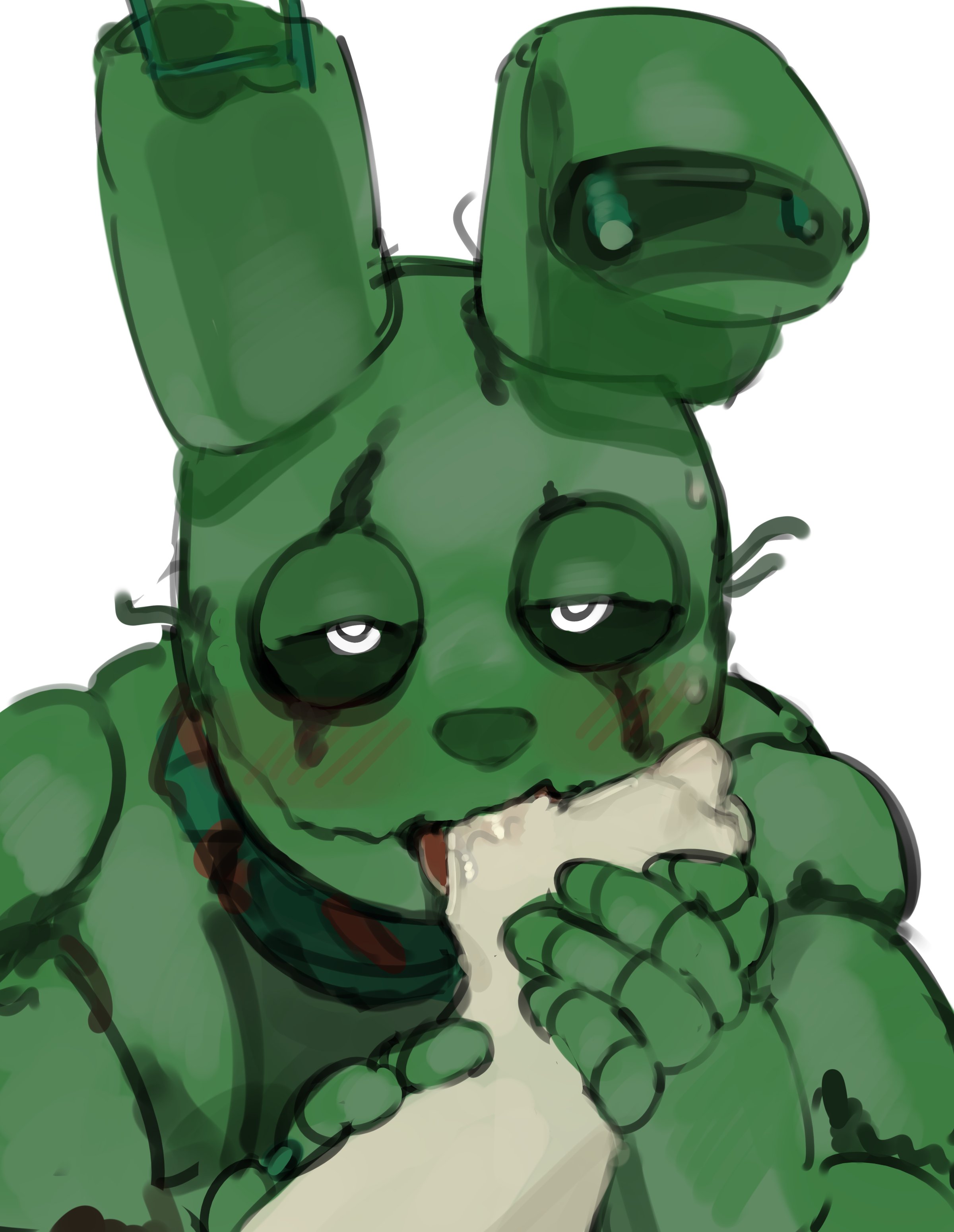 animatronic, anon, anthro, blush, first person view, five nights at freddy's, five nights at freddy's 3, fnaf, gay, gay male, humanoid, kogito, licking, looking at viewer, looking pleasured, male, male only, pov, rabbit, robot, springtrap, springtrap (fnaf), sweat, yaoi