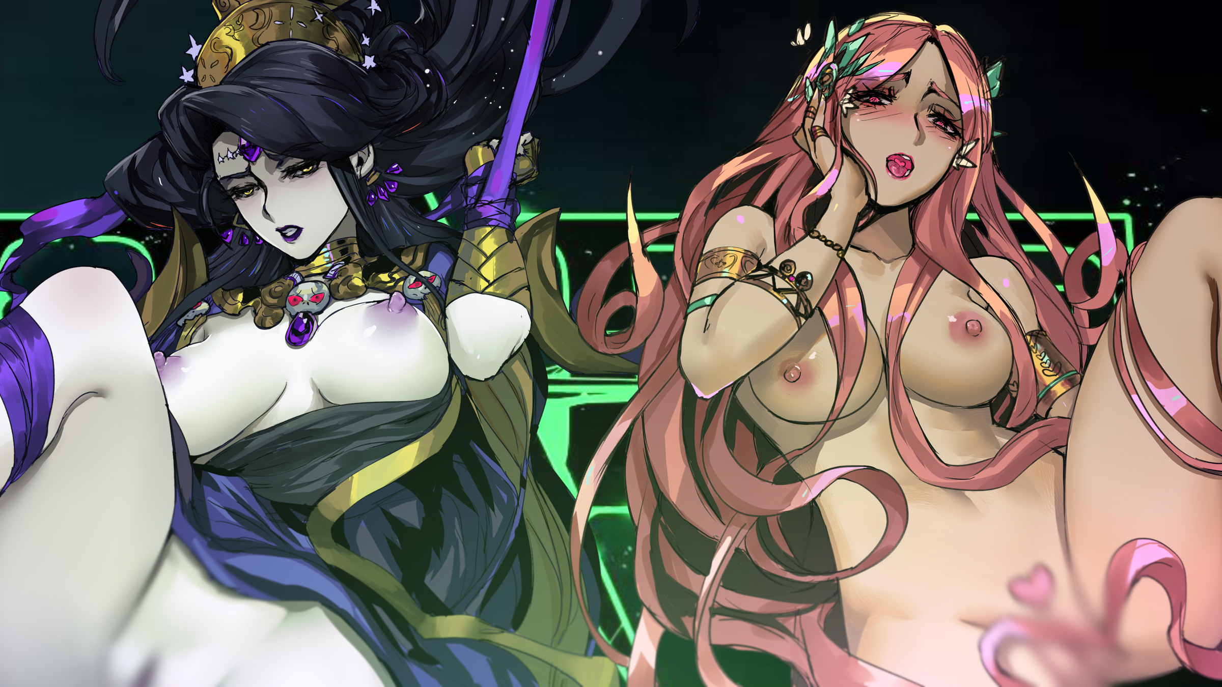 2girls, aphrodite, aphrodite (hades), big breasts, black hair, blur censor, blush, breasts, censored, divine slut, female, female only, goddess, hades (game), nude, nyx (hades), pd, pink hair, restrained