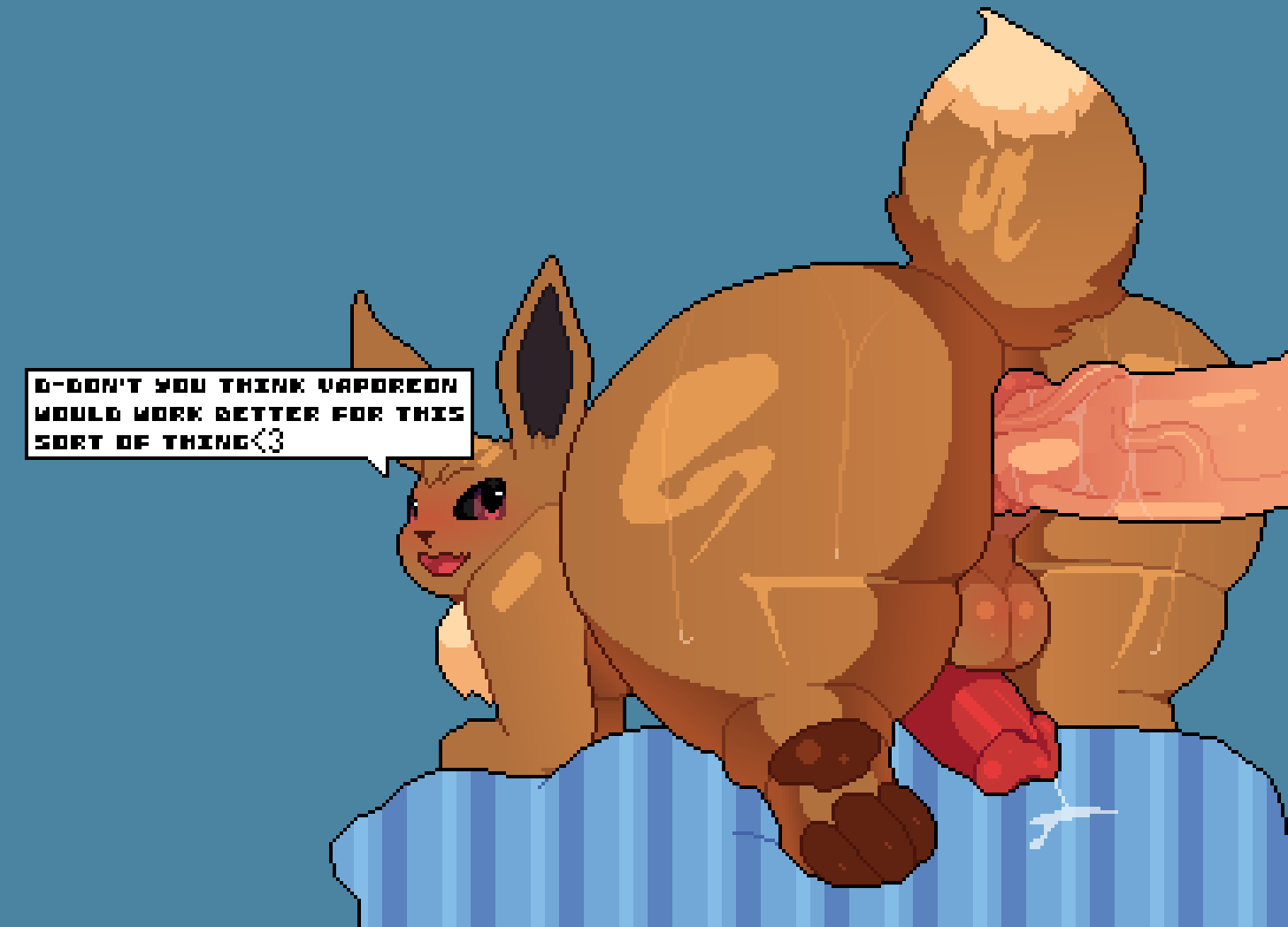 anal anal_sex anthro anus ass balls big_butt blush bodily_fluids brown_body brown_fur canid canine digital_media_(artwork) duo eevee eeveelution fur gay generation_1_pokemon genital_fluids genitals male male/male male_penetrated male_penetrating male_penetrating_male mammal mertvykhcrows nintendo nude open_mouth penetration penis pixel_(artwork) pokemon pokemon_(species) sex tail