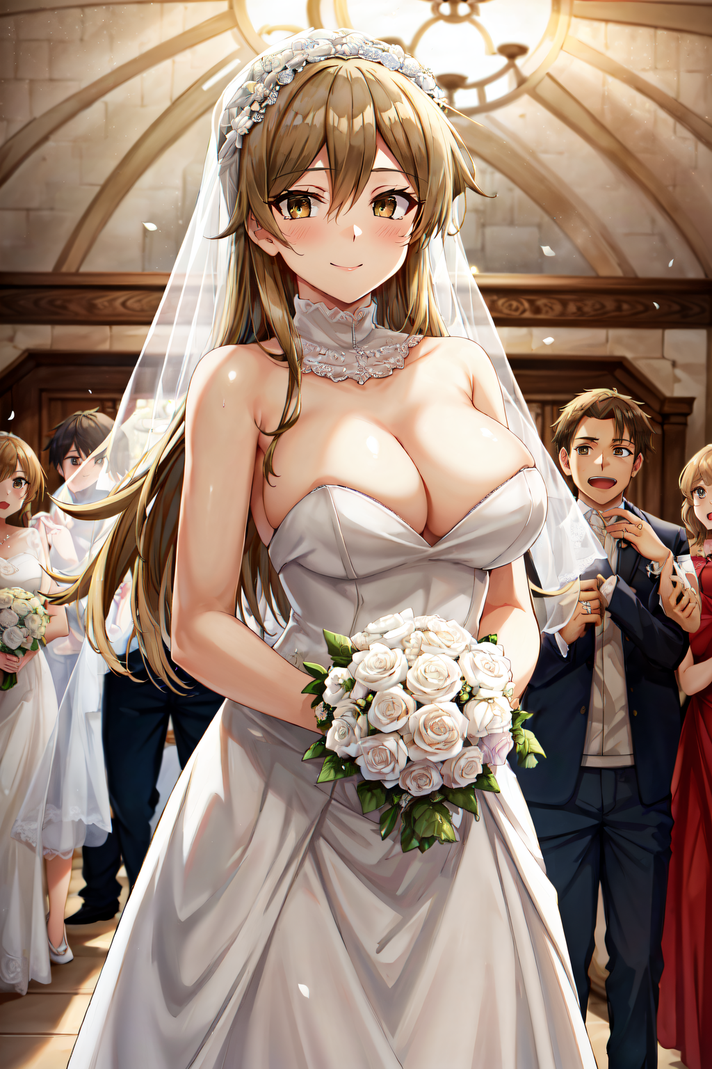 ai_generated alexis_rhodes blonde_hair blush breasts bride eyes flower holding_flowers long_hair people_in_background smile standing tenjouin_asuka wedding wedding_ceremony wedding_dress yu-gi-oh! yu-gi-oh!_gx