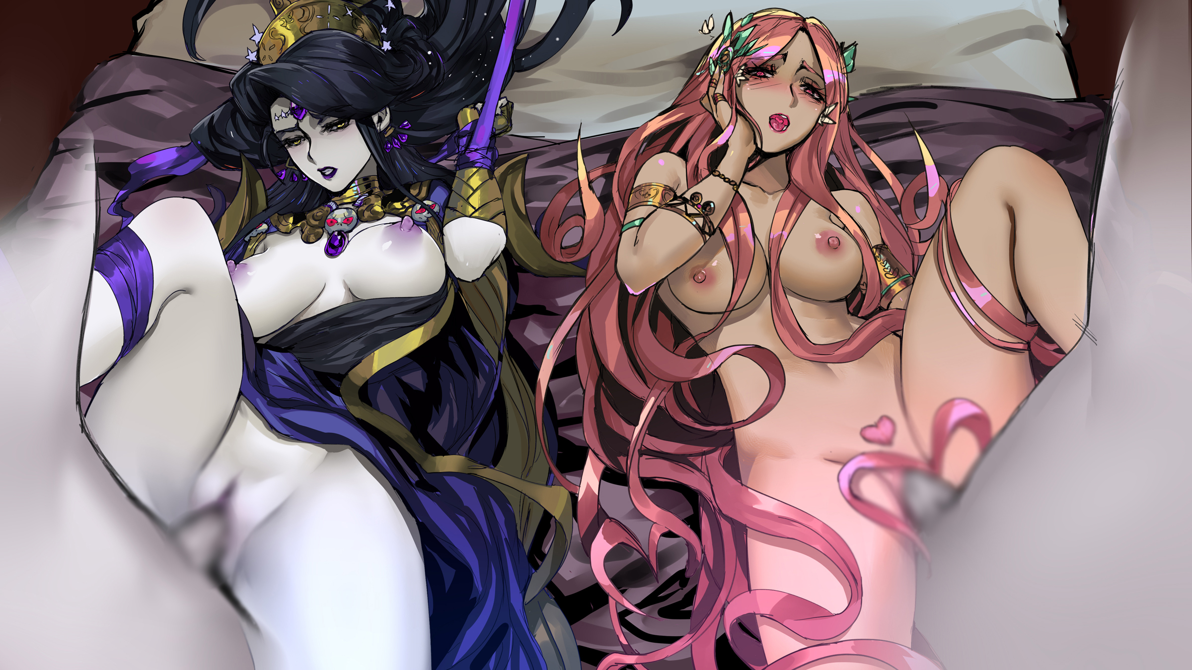 2boys, 2girls, aphrodite, aphrodite (hades), big breasts, black hair, blur censor, blush, breasts, censored, divine slut, female, goddess, hades (game), male, nude, nyx (hades), pd, pink hair, pussy, restrained, sex, vaginal penetration, vaginal sex