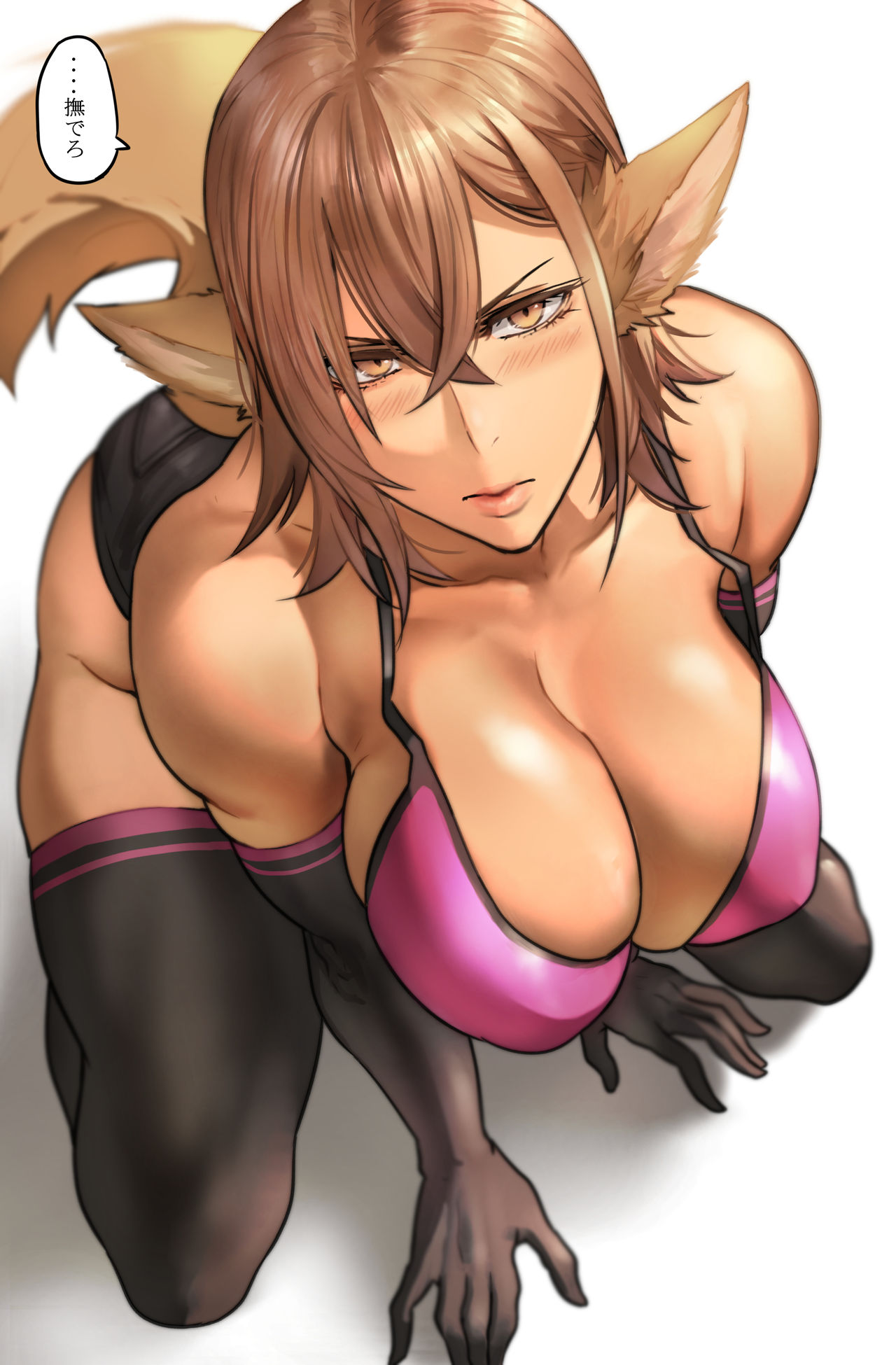 1girls, 2020, animal ears, bare shoulders, bikini, bikini top, black gloves, black shorts, blush, breasts, brown eyes, brown hair, cleavage, dog ears, dog girl, dog girl (pepe (jonasan)), dog tail, elbow gloves, female, female only, full body, gloves, hair between eyes, highres, inviting, japanese text, kneeling, large breasts, looking at viewer, original, pepe (jonasan), pink bikini, shadow, short hair, short shorts, shorts, simple background, solo, speech bubble, swimsuit, tail, text, thick thighs, thighhighs, thighs, translated, white background