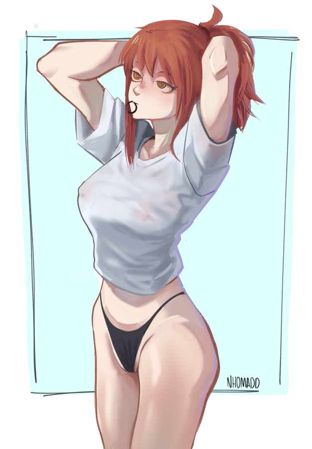 1girls arms_up ass black_thong black_underwear chainsaw_man high_waisted_thong hips large_breasts makima_(chainsaw_man) nhomadd panties red_hair solo_female t-shirt tagme thick_thighs thighs thong tying_hair underwear unusual_pupils white_shirt yellow_eyes