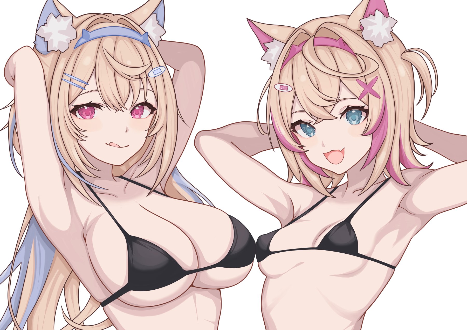 :d, 2girls, armpits, arms behind head, breast size difference, breasts, butabanahanafukku, cute fang, female, female only, fuwamoco, fuwawa abyssgard, hololive, hololive english, hololive english -advent-, huge breasts, large breasts, licking lips, looking at viewer, medium breasts, micro bikini, mococo abyssgard, sisters, skindentation, skinny, small breasts, upper body, virtual youtuber